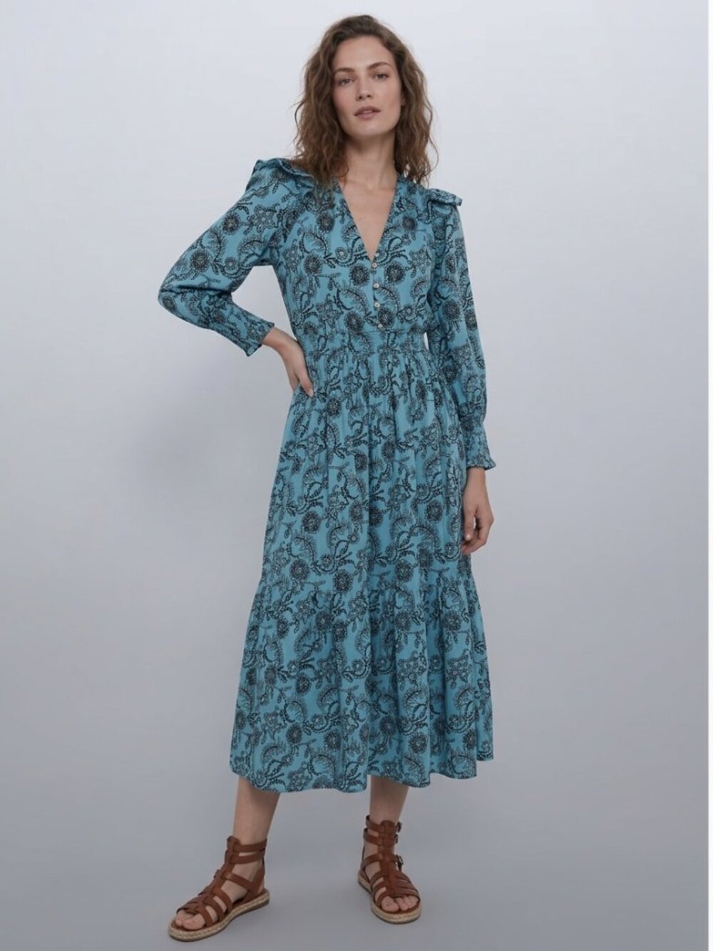 NWT Banjanan Bristol Pearl Midi Dress Women's XL Turquoise Pockets Long Sleeve